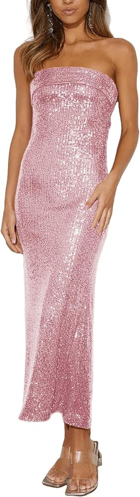Women Strapless midi Sequin Dresses Bodycon Sleeveless Wedding Guest Sparkly Glitter Formal Cockt... | Amazon (US)