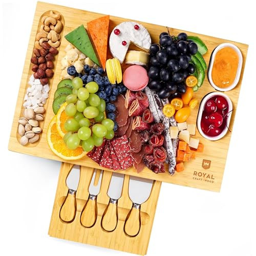 ROYAL CRAFT WOOD Bamboo Cheese Board and Knife Set with Charcuterie Board & Serving Tray With 4 Stainless Steel Knife & Thick Wooden Server With Bowls and Serveware Accessories | Amazon (US)