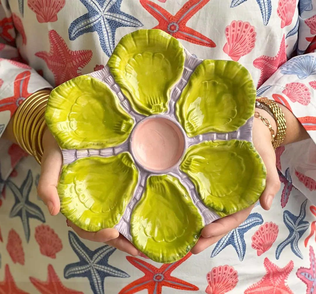 Hand Painted Cast Oyster Plate - Lavender and Chartreuse - Etsy | Etsy (US)