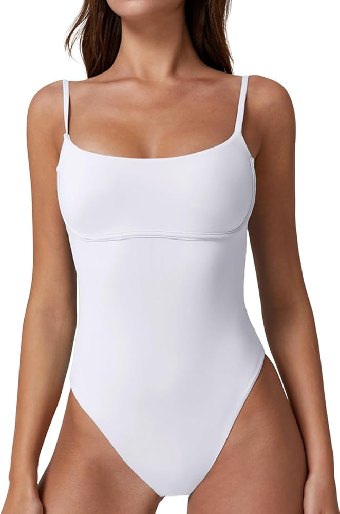 QINSEN Womens Seamed Cup Spaghetti Straps One Piece Bathing Suits Tummy Control Cheeky Swimsuit | Amazon (US)