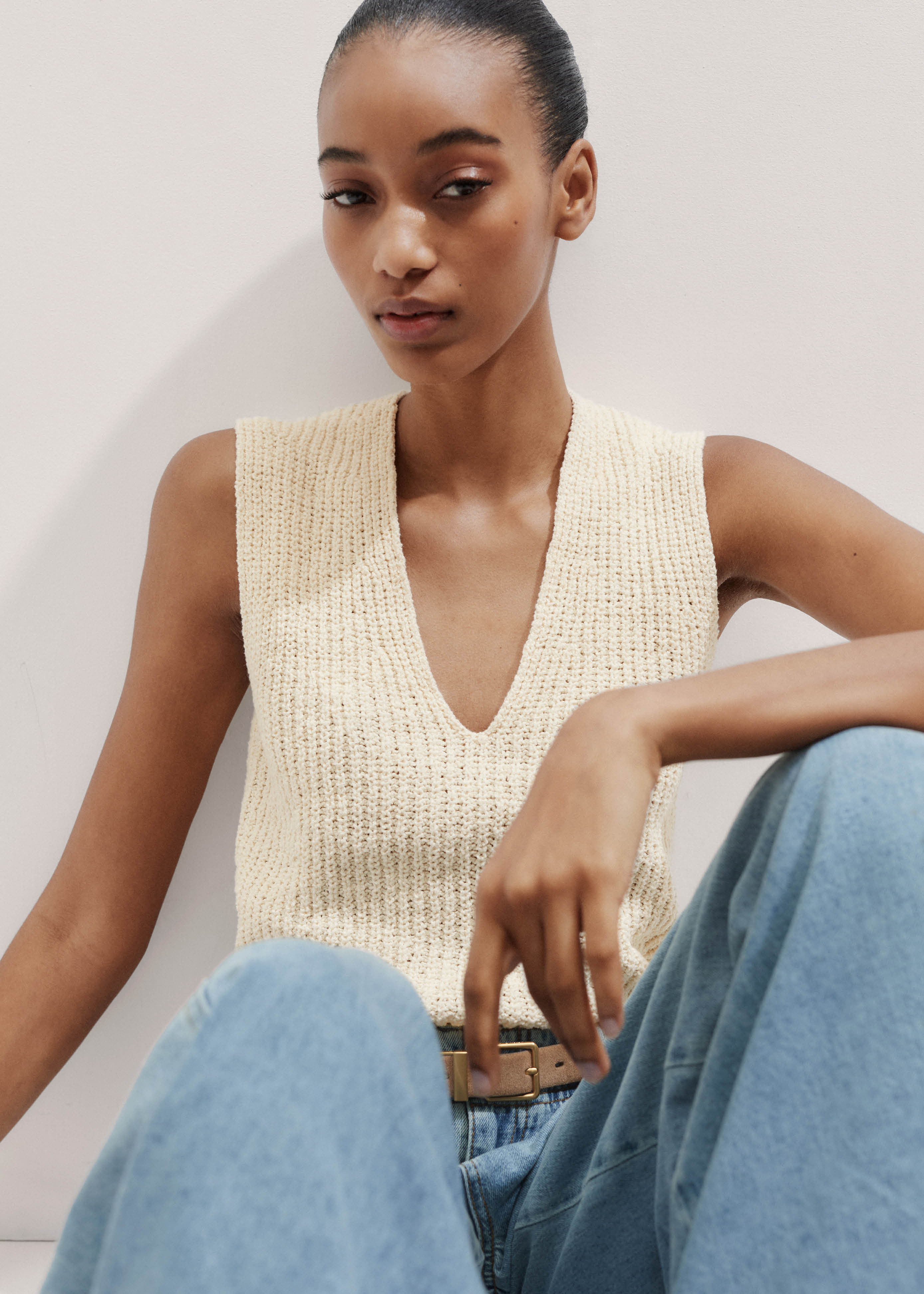 Women's Cream Bouclé Cotton Rib Knit Sweater Vest | ME+EM | ME+EM US