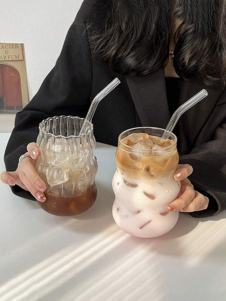 1pc 550ml Unique Wavy Ribbed Glass Cups(Without Straw) , Aesthetic Coffee Cup & Tea Cup Set, Summer Drinking Glass For Iced Coffee, Juice Cup, Matcha Cup, Water Glass For Fruit Infusions, Modern Tumbler Style, Versatile Cups For Hot/Cold Beverages, Travel, Kitchen Glassware, Party Cup For Coffee Lovers, Barista Style Glass, Thoughtful Gifts For Women, Minimalist Home Decor Cup. ﻿ ﻿ Back To School | SHEIN