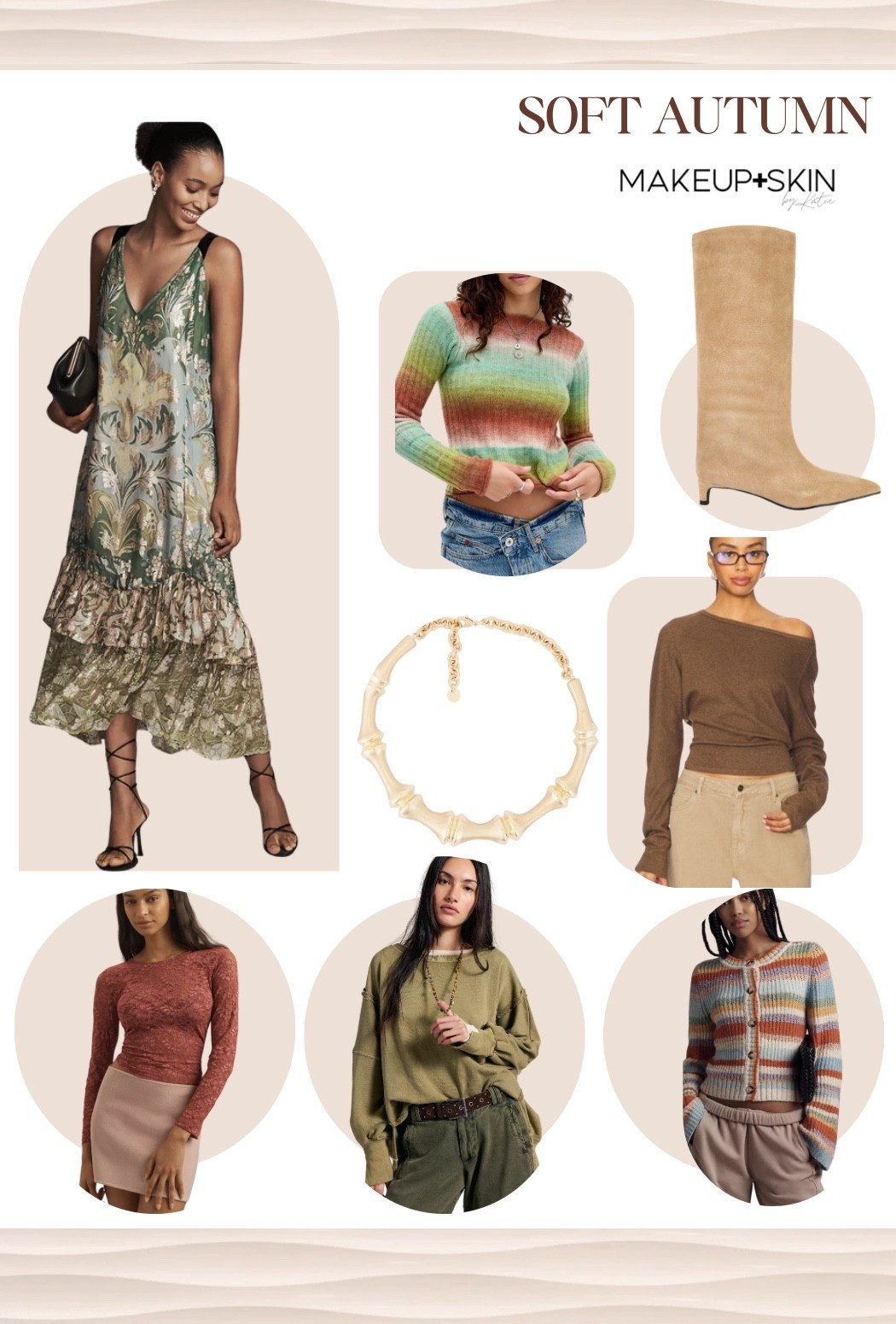 Soft Autumn is all about warm, muted, cozy colors. Moss green, muted teal, soft rust, mushroom, warm taupe, and creamy beige look natural and wearable. Avoid bright colors, stark black, and icy tones as they tend to feel too sharp.

#LTKOver40 #LTKSeasonal #LTKFindsUnder100
