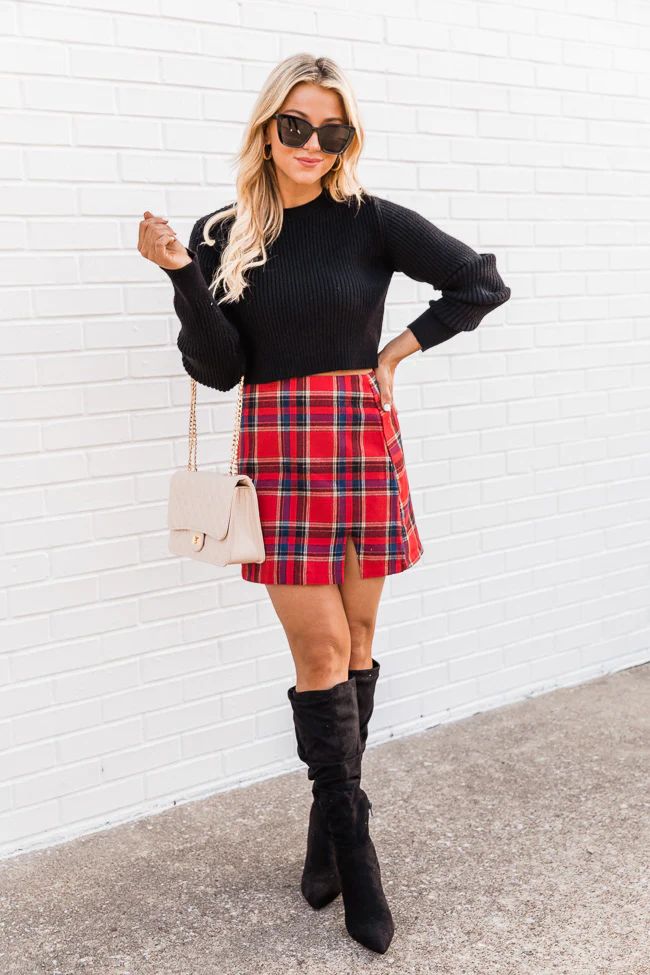 Inspirational Heart Red Plaid Side Slit Skirt | The Pink Lily Boutique