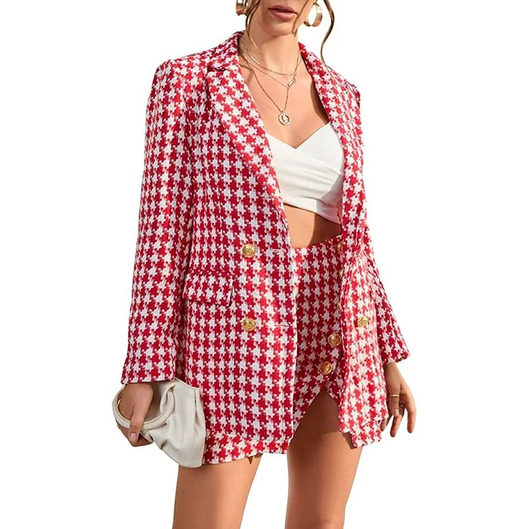 DabuLiu Women Tweed Blazer Set 2 Piece Outfit Skirt Set Business Suit Jacket Houndstooth Work Off... | Walmart (US)