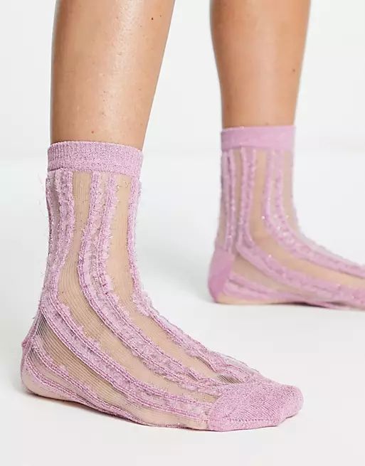 ASOS DESIGN sheer mesh lurex stripe socks in pink glitter | ASOS (Global)