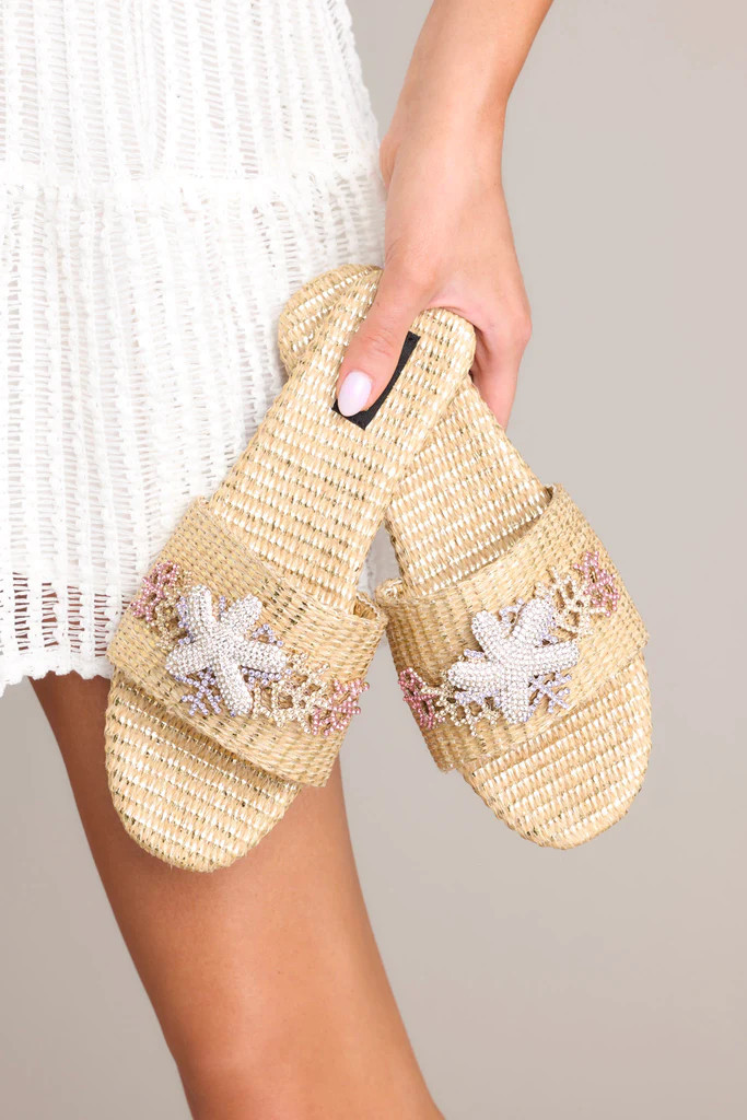 Beachside Perfection Gold & Multicolor Rhinestone Sandals | Red Dress