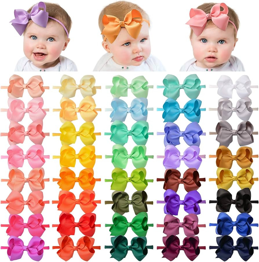 40 Pieces Baby Headbands Grosgrain Ribbon Hair Bows Elastic Nylon Hairband Handmade Hairbands Acc... | Amazon (US)