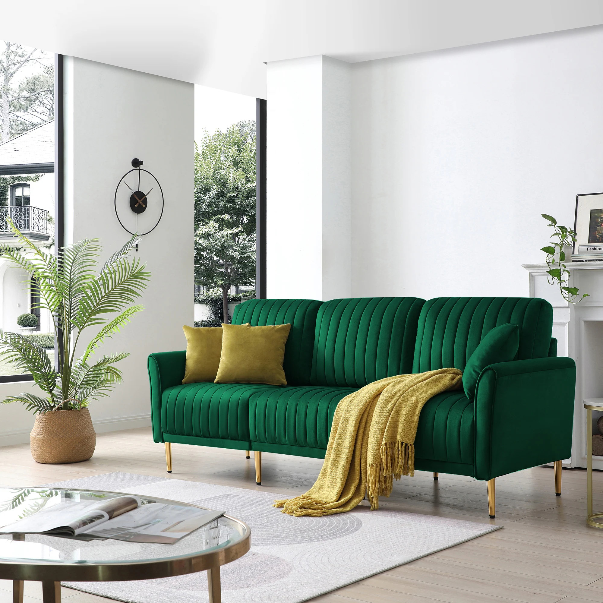 3-Seat Green Velvet Couch Sofa with Reversible Cushions | Bed Bath & Beyond