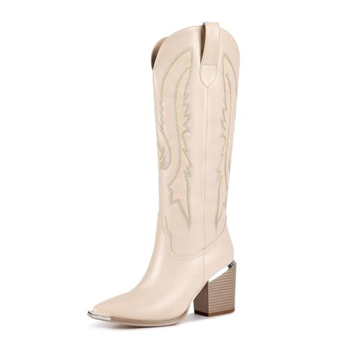 ISNOM Beige Cowgirl Boots Women, Cowboy Boots for Women with Fashion Metal Pointed Toe, Knee High Western Boots for Women | Amazon (US)