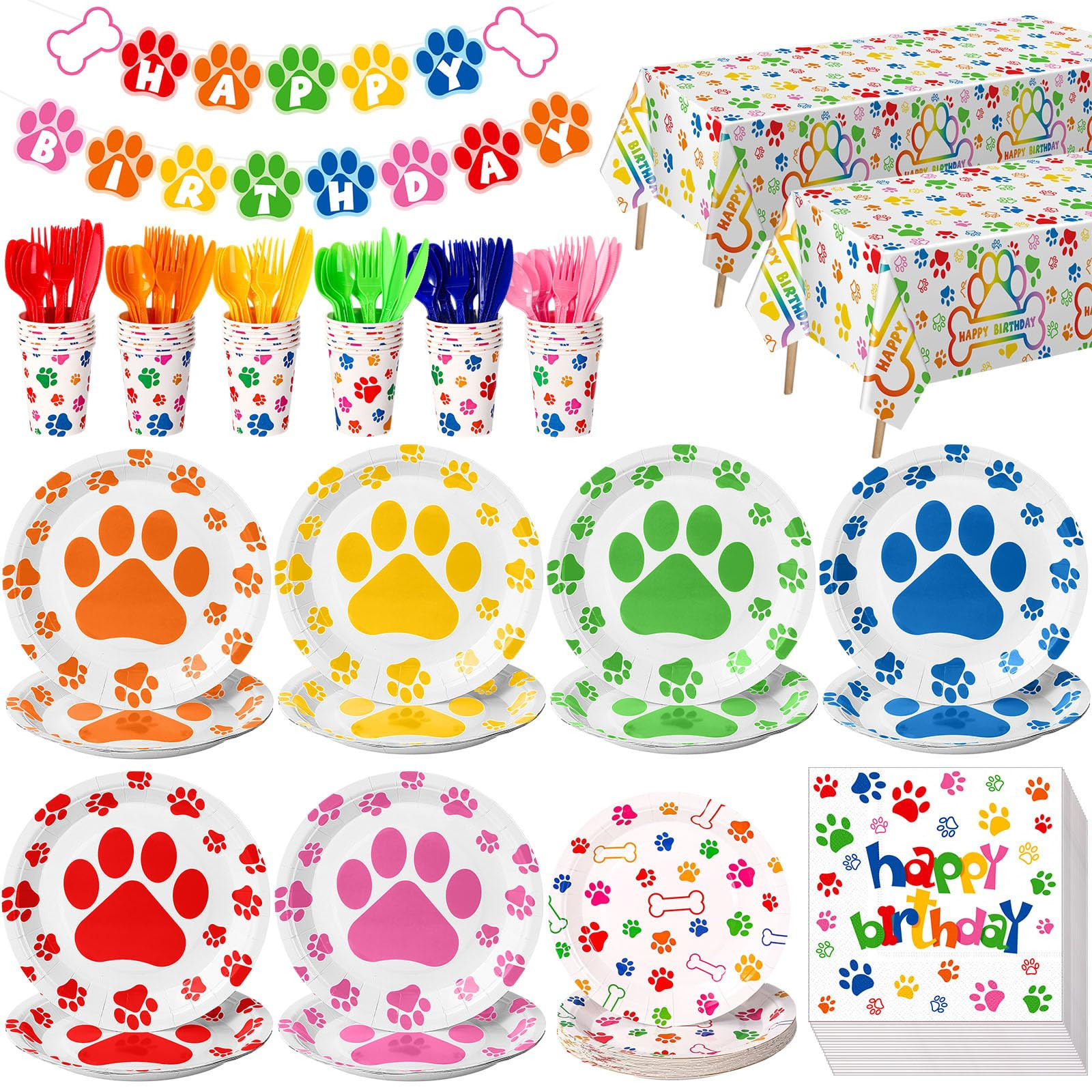 Lowe's 171 Piece Dog Paw Birthday Party Set Includes Plates 9 in and 7 in Cups 9 oz Napkins Banner Tablecloths 51 x 108 in Utensils for 24 Guests | Lowe's