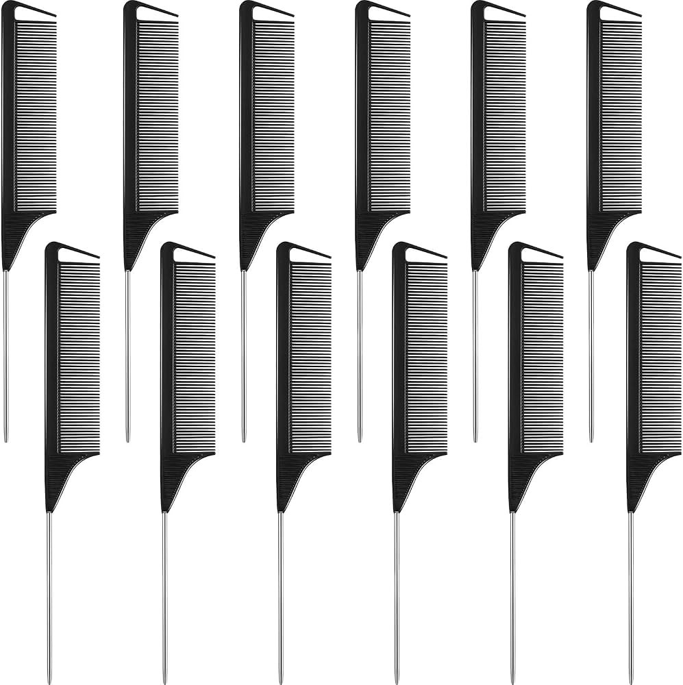 Boao 12 Packs Rat Tail Combs Black Hair Comb Stainless Steel Pin Rat Tail Carbon Fiber Heat Resis... | Amazon (US)
