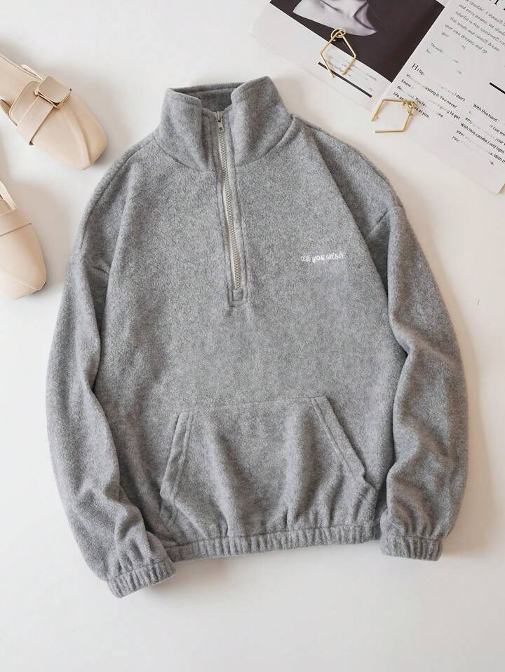 SHEIN EZwear Slogan Embroidery Half Zip Fleece Sweatshirt | SHEIN