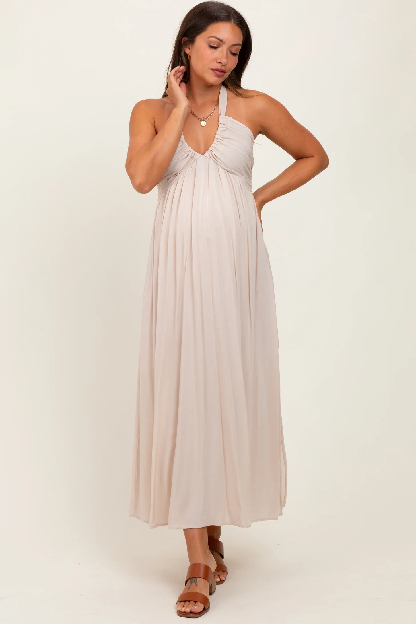 Cream Halter Neck Side Slit Maternity Midi Dress | PinkBlush Maternity