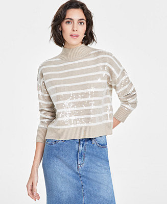 On 34th Women's Sequined Striped Mock-Neck Sweater, Created for Macy's - Macy's | Macy's