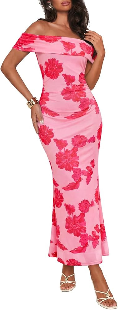 MEROKEETY Women's Spring Off Shoulder Floral Maxi Dress 2026 Summer Formal Beach Wedding Guest Co... | Amazon (US)