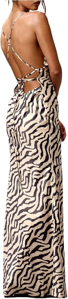 Floerns Women's Striped Maxi Dress Criss Cross Tie Backless Deep V Neck Fishtail Hem Date Night D... | Amazon (US)