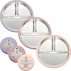3Pack Stainless Steel Kids Plates, 8.1" Divided Kids Plate with Removable Silicone Suction Sleeve... | Amazon (US)