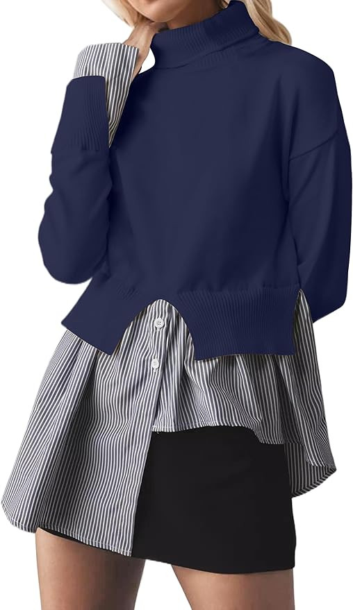 Women Turtleneck Slit Patchwork Knit Pullover Sweater 2 in 1 Asymmetrical Hem Striped Button Down... | Amazon (US)