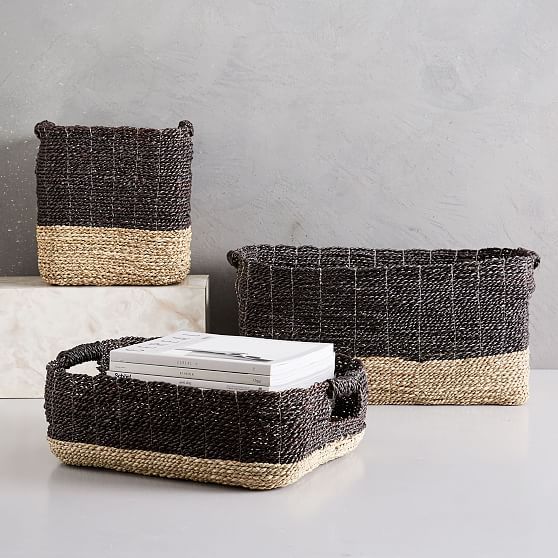 Two-Tone Woven Baskets, Set of 3, Black + Tan | West Elm (US)