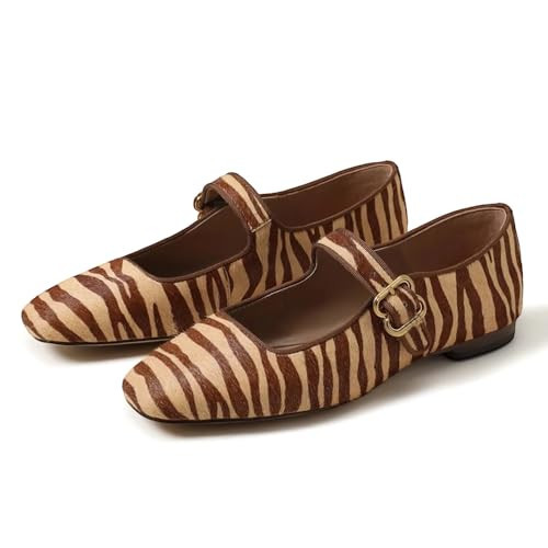 DOEYG Zebra Ballet Flats Shoes for Women Animal Print Suede Mary Jane Flats Shoes Square Toe Dress Casual Comfortable Velvet Ballerina Shoes with Buckle Strap Size 10 | Amazon (US)