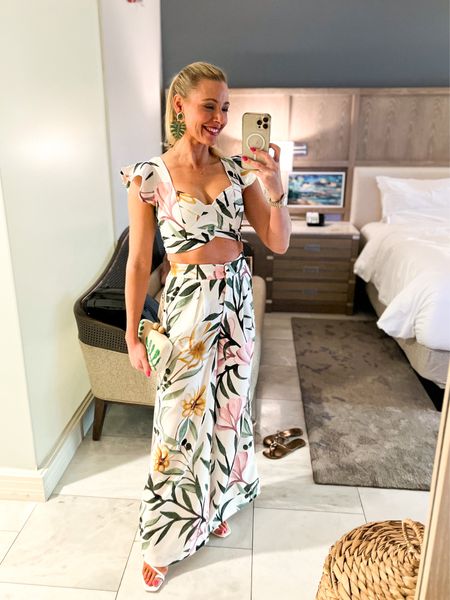 Summer vacation two piece outfit. Perfect to wear to Hawaii, an island vacation or somewhere tropical! Super high quality with a print and details to die for! Also, these shoes are incredible!!! All true to size. 


#LTKtravel #LTKshoecrush #LTKitbag