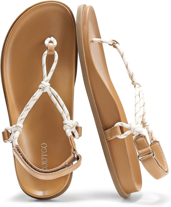 Coutgo Womens T Strap Flat Sandals Open Toe Flip Flops Adjustable Ankle Strap Summer Beach Thong ... | Amazon (US)