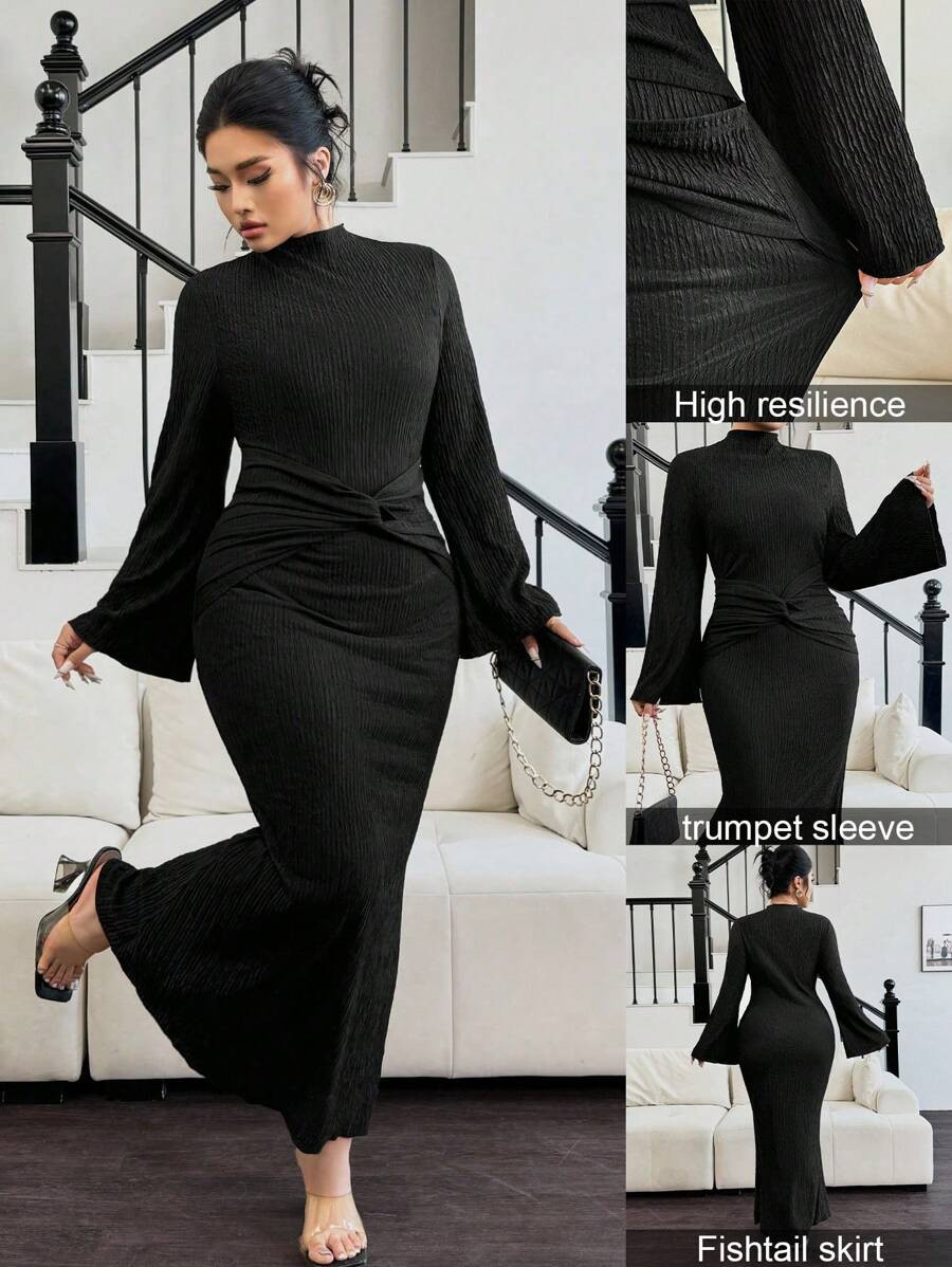 Celure Plus Size Women Elegant Black High Neck Textured Twist Waist Fitted Bell Sleeve Dress, Aut... | SHEIN