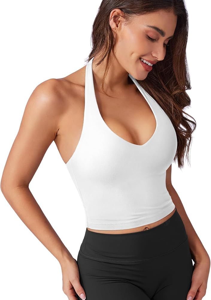 VOYJOY Halter Crop Top Padded V Neck Backless Workout Going Out Clothes | Amazon (US)