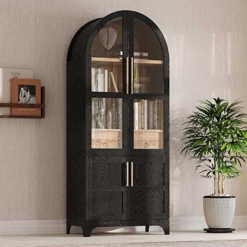 LFGUIZO 71" Tall Arched Kitchen Pantry Cabinet with Door Shelves, Farmhouse Kitchen Storage Cabinet with Adjustable Shelves, Hidden Drawer & Glass Door, Cupboard for Kitchen, Dining Room, Black | Amazon (US)