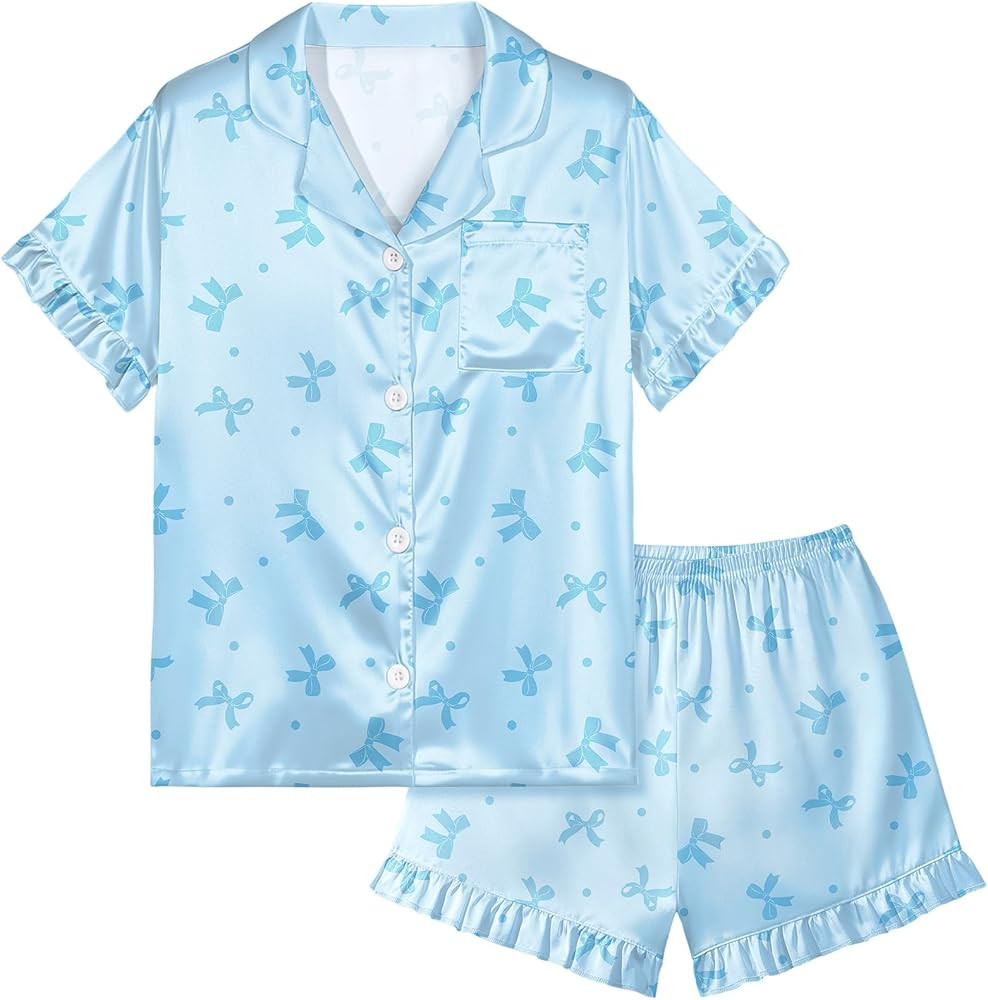 MHJY Toddler Girls Pajama Set Silk Satin Girls Pajamas Short Sleeve Button-Up Top Pajamas for Kid... | Amazon (US)
