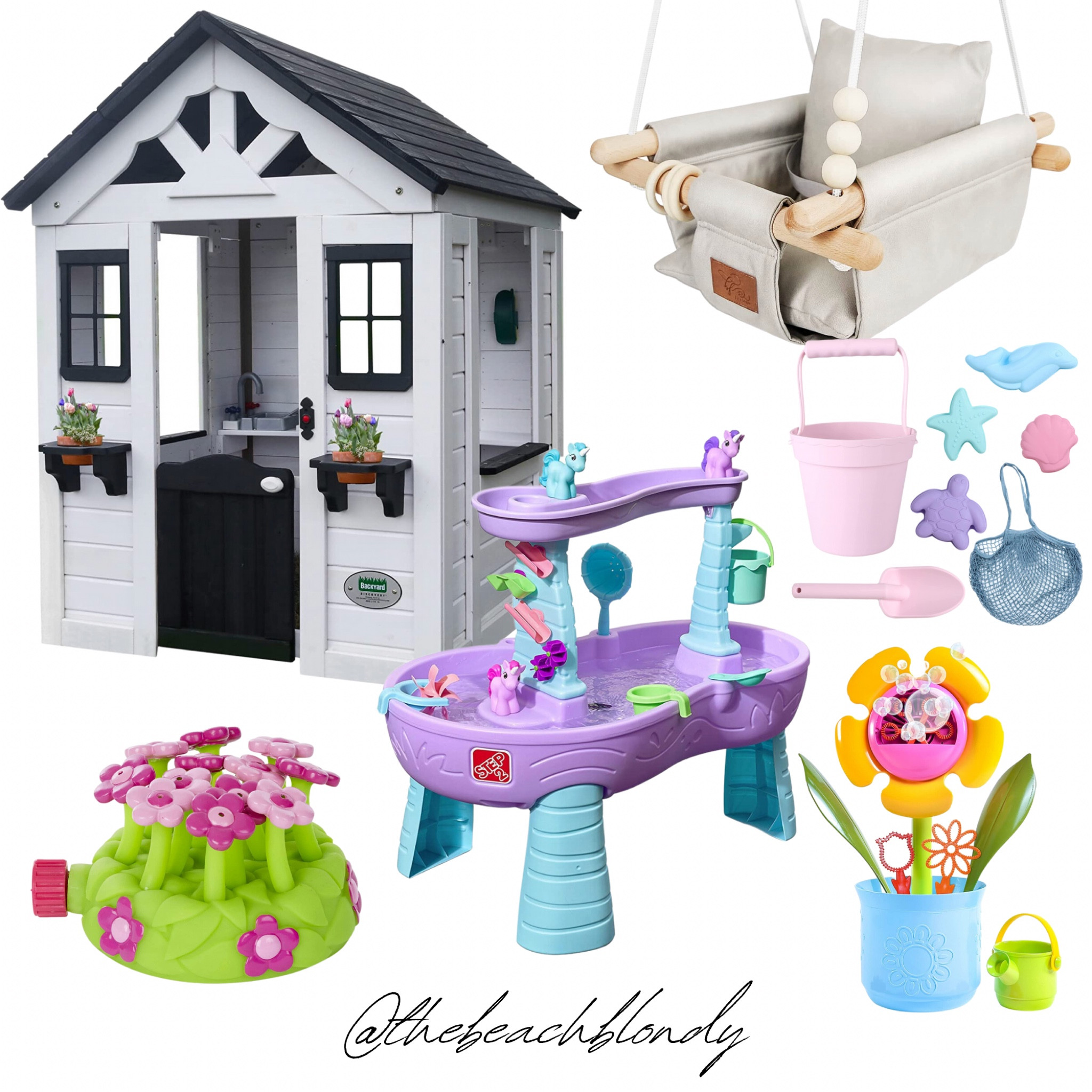 My favorite outdoor summer toys for my Lily 🪷 these are the perfect summer toddler toys. Kids water table, flower bubble machine, flower sprinkler, pastel beach toys, baby and toddler swing, toddler playhouse 🦋🐬🌺🪸☀️🌈🍉

#LTKhome #LTKbaby #LTKkids