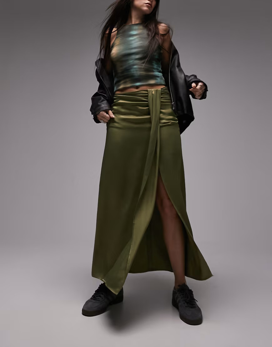 Topshop satin tuck skirt in olive-Green | ASOS (Global)