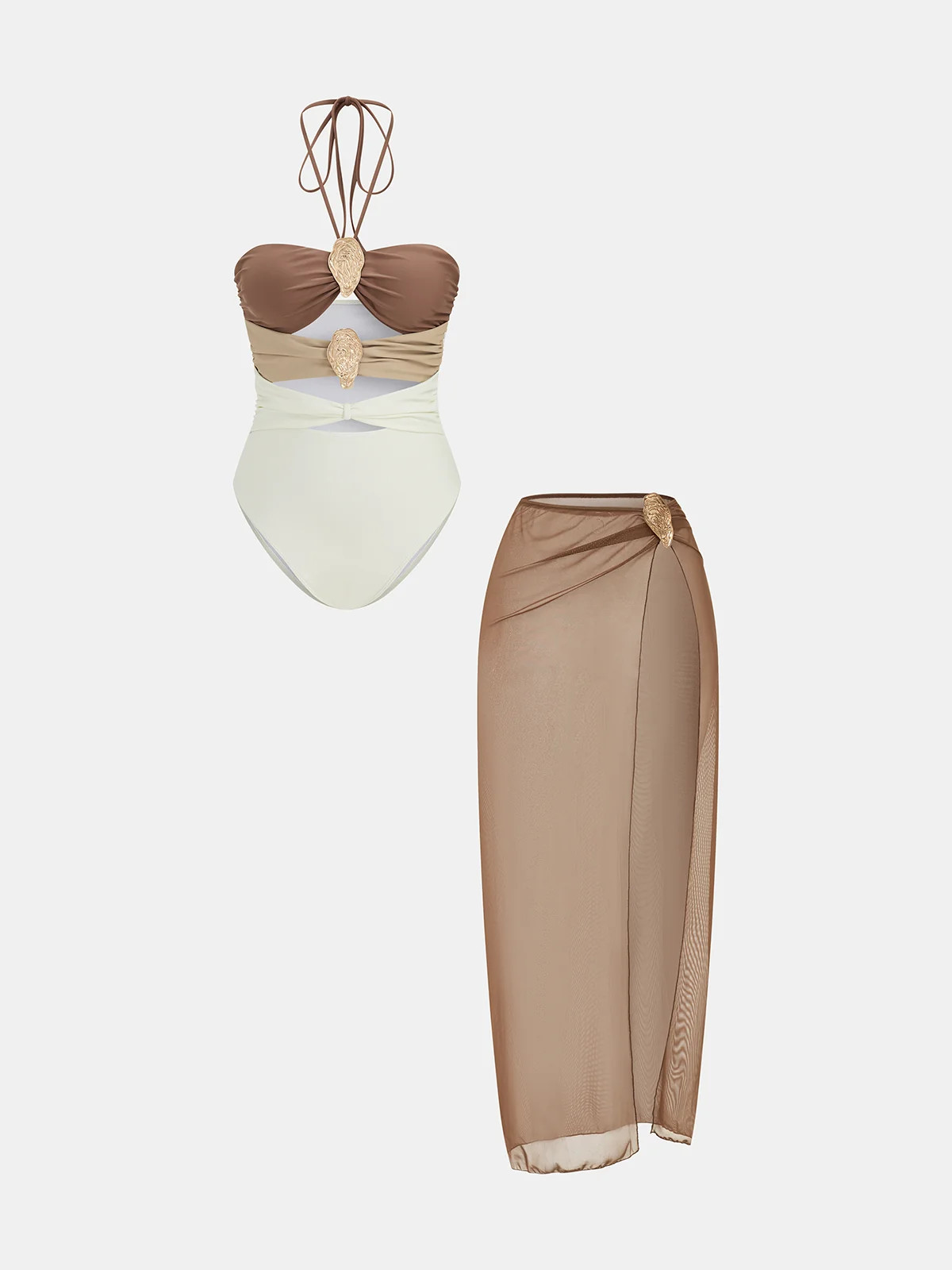 Color Block One-Piece Swimsuit & Cover-Up Skirt Set | Commense