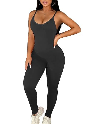 Workout Jumpsuits for Women Gym Clothes Bodycon Jumpsuit One Piece Bodysuit Outfits Romper Yoga Body Suit Tight Onesie (Black, Medium) | Amazon (US)