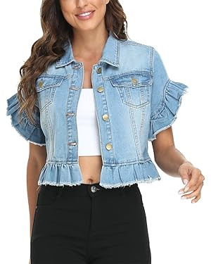 MISS MOLY Women's Denim Jacket Ruffle Sleeve Button Down Distressed Summer Cropped Jean Jackets | Amazon (US)