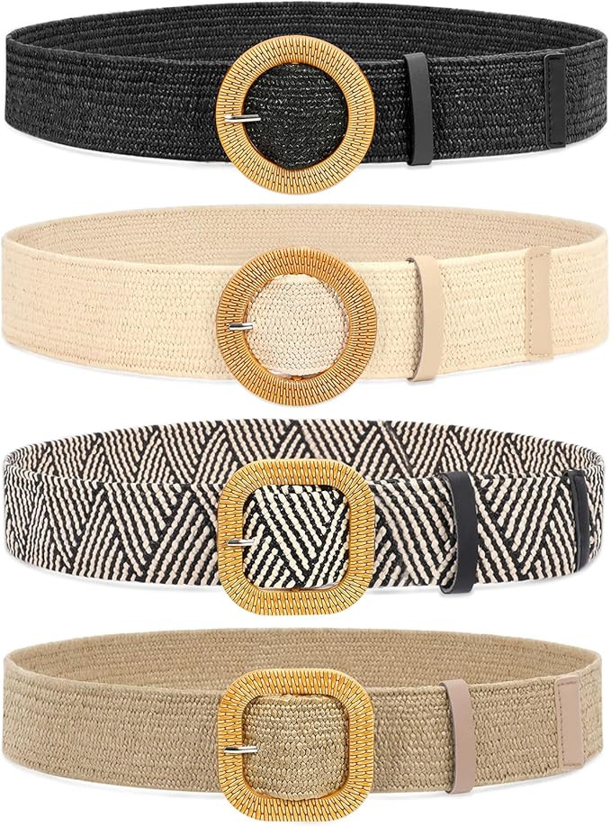 WHIPPY Set of 3/4 Straw Woven Elastic Stretch Waist Belts for Women, Fashion Boho Ladies Braided ... | Amazon (US)