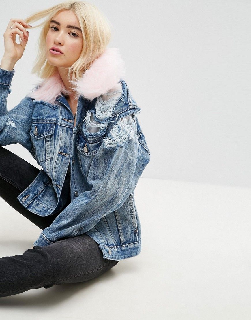 ASOS Denim Jacket With Rips And Detachable Faux Fur Collar - Blue | ASOS US