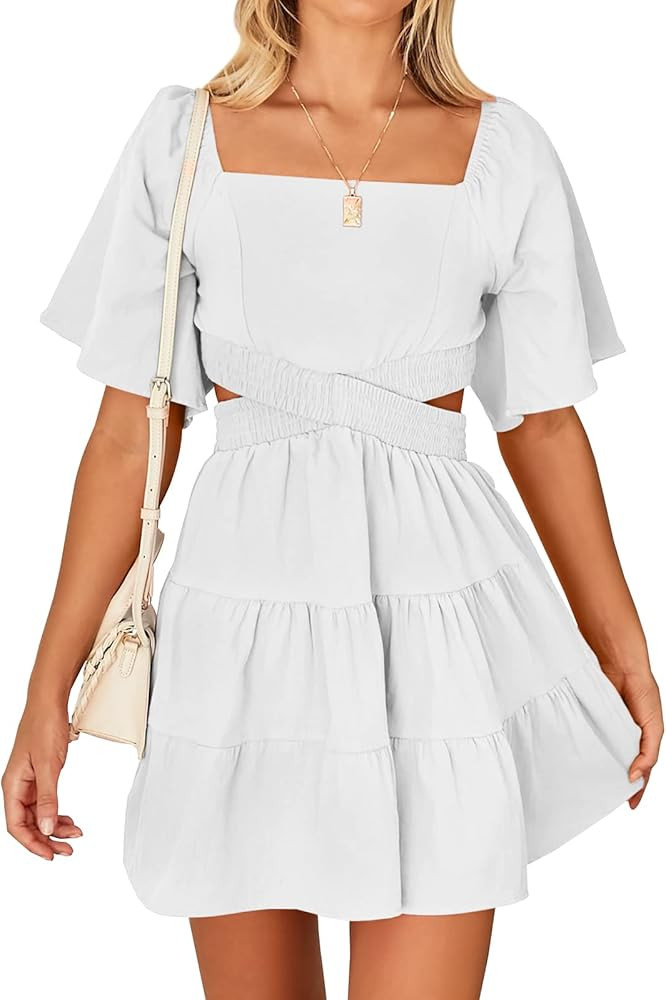 ANRABESS Women Summer Square Neck Short Sleeve Cutout Crossover Waist Casual Party Tiered A-Line ... | Amazon (US)