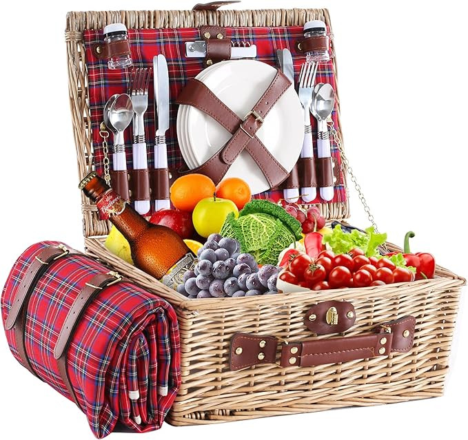 Wicker Picnic Basket for 4 with Waterproof Picnic Blanket and Insulated Cooler, Willow Hamper for... | Amazon (US)