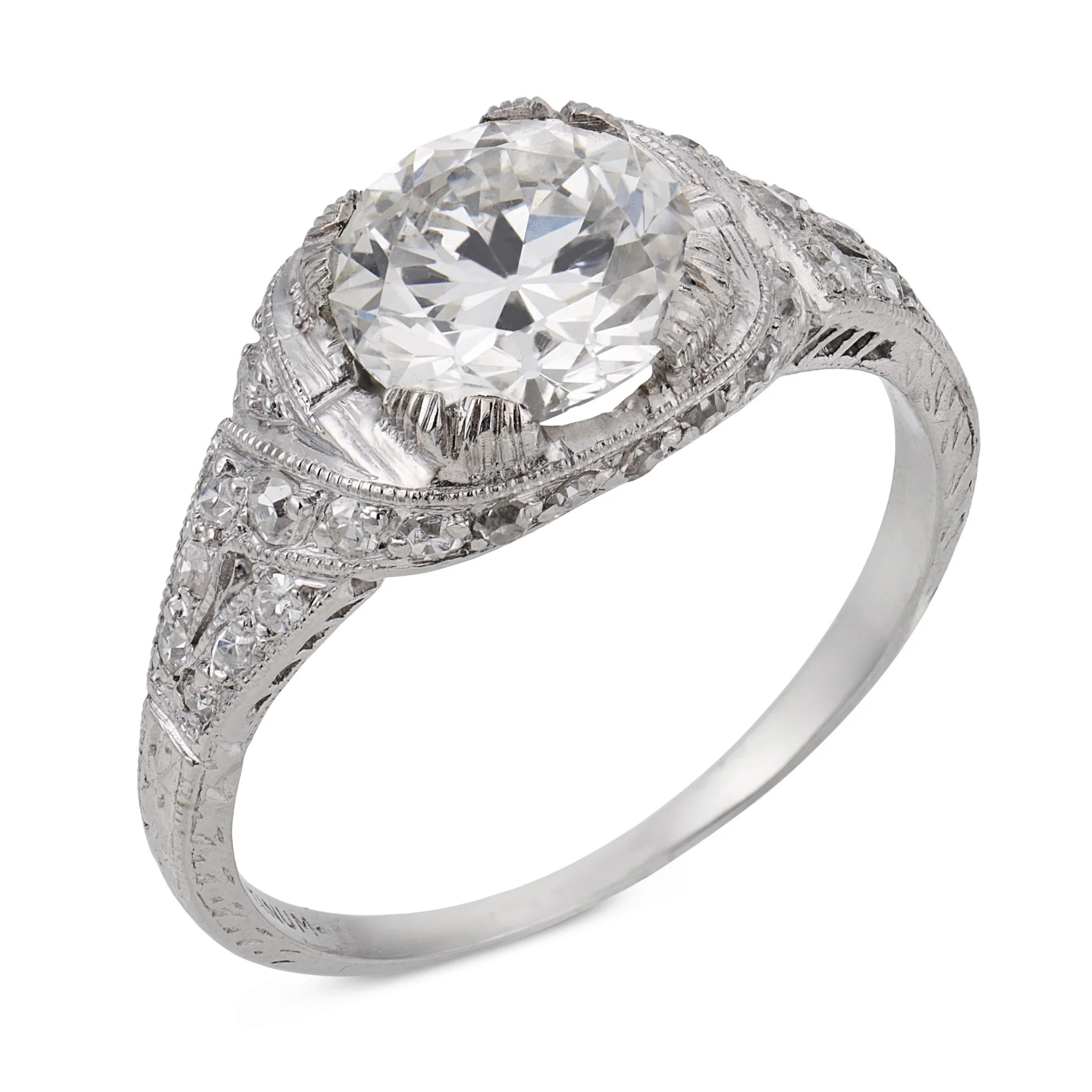 Art Deco GIA 1.40 carat old European cut diamond platinum engagement r | Trumpet & Horn