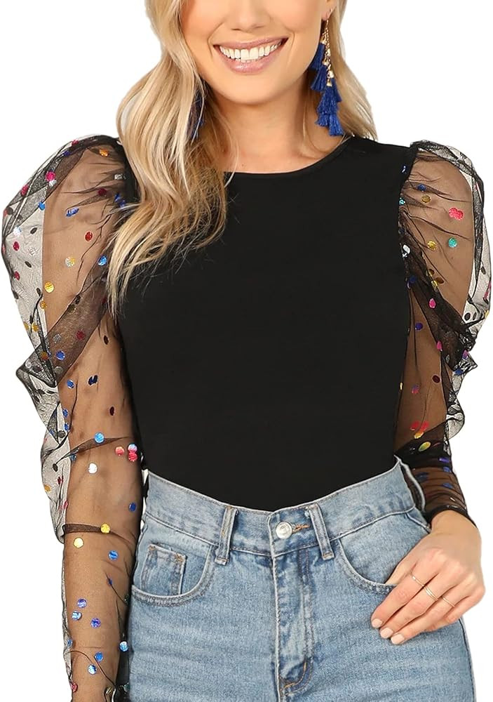 SheIn Women's Dot Mesh Round Neck Puff Sleeve Skinny Blouses Top | Amazon (US)