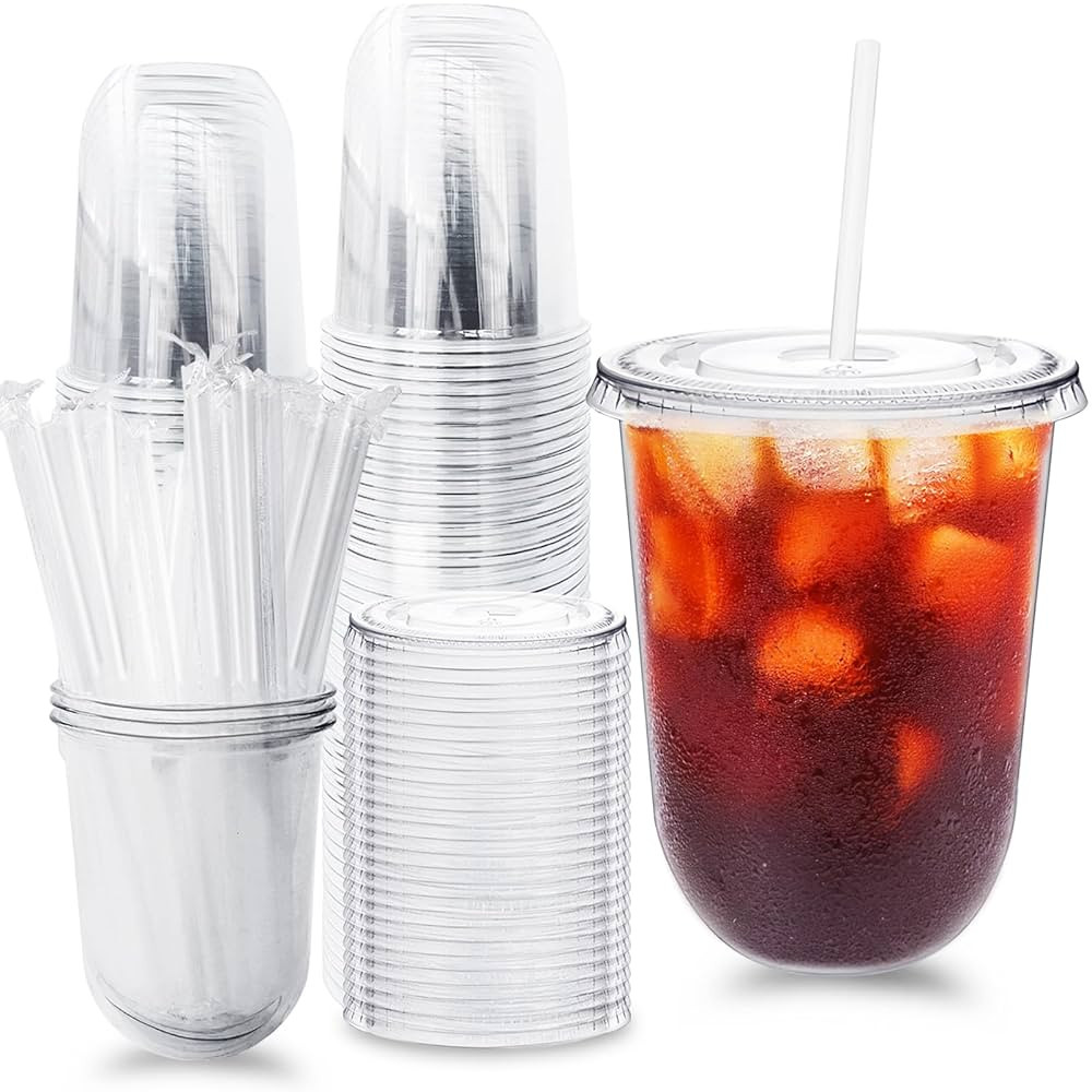50 Pack Clear Plastic Cups with Lids and Straws,16 oz Disposable Iced Coffee Cups,PET Crystal Cup... | Amazon (US)