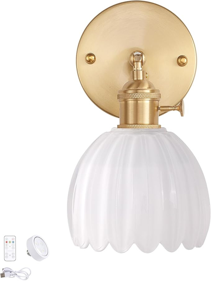 Vintage Battery Operated Wall Sconce with White Tulip Glass Lampshade Rechargeable Battery Powere... | Amazon (US)