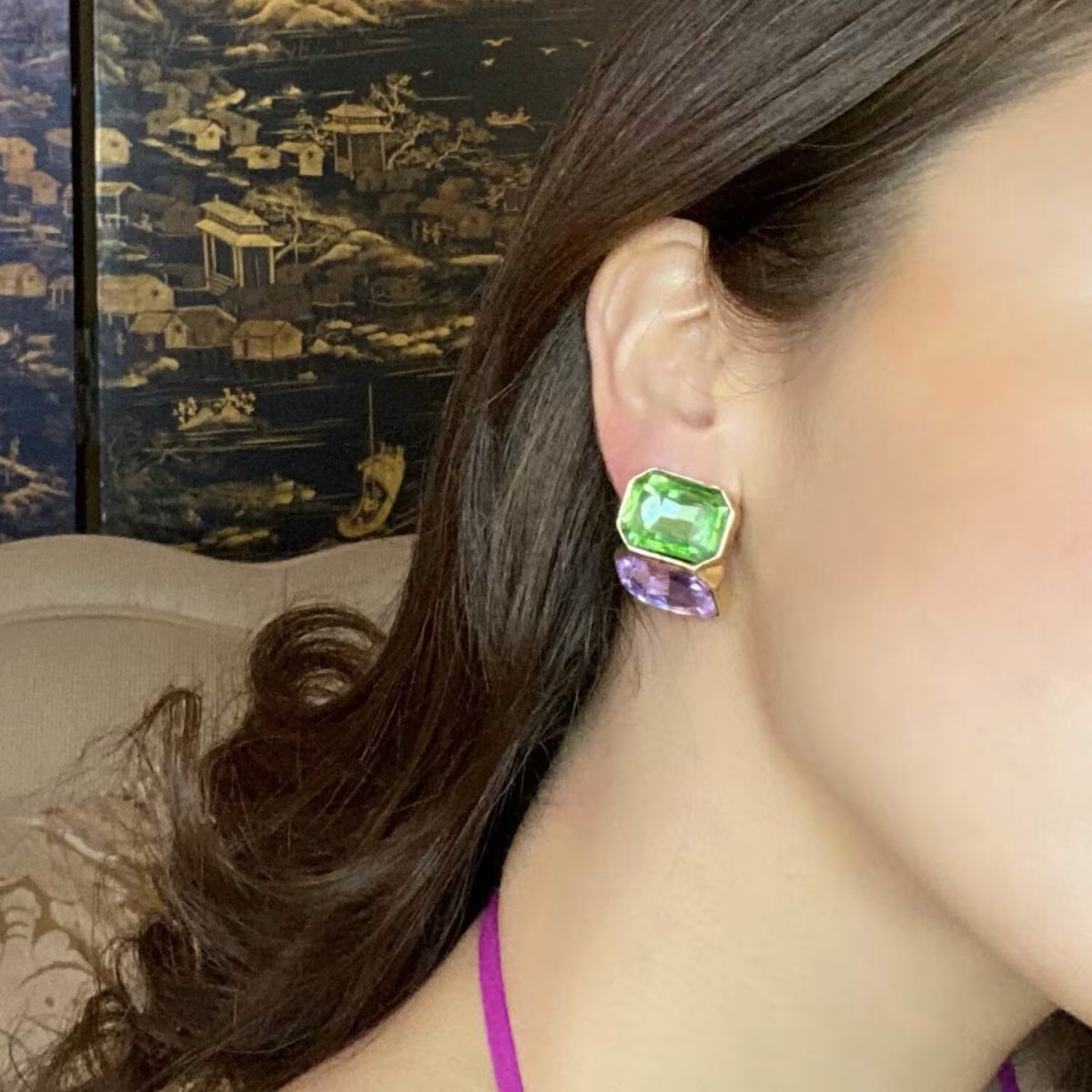 Peridot And Light Amethyst Double Stone Clip Earrings | Wolf & Badger