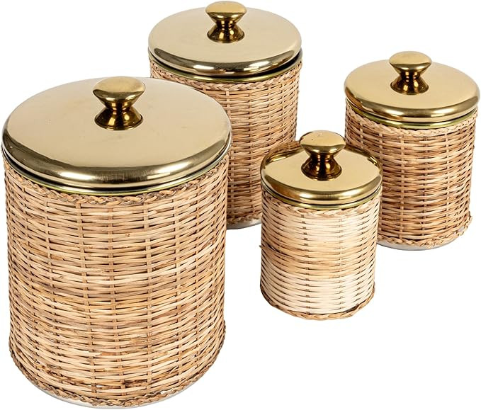 Creative Co-Op Rattan Wrapped Stainless Steel Canisters, Set of 4, Brass Finish Food Storage, 6" ... | Amazon (US)