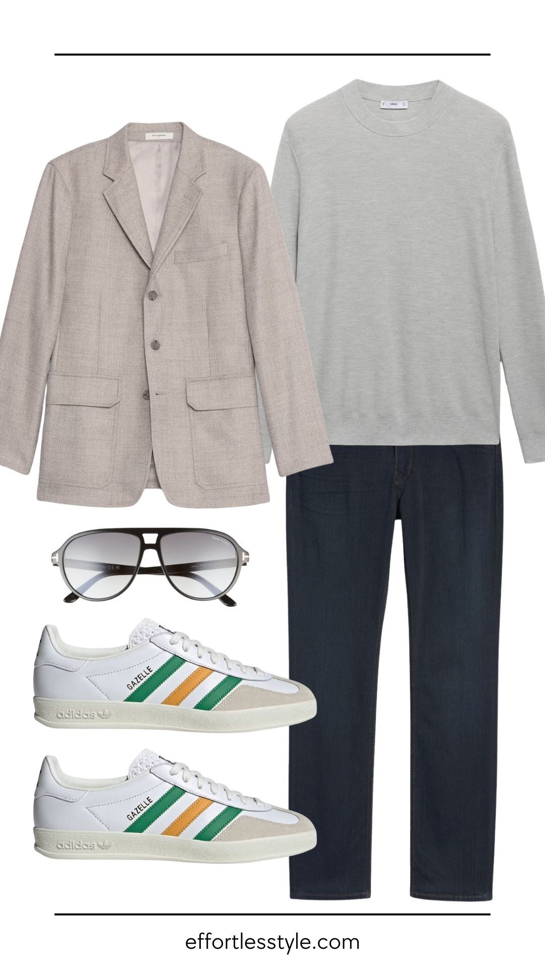 This look is the perfect example of elevated everyday style—structured but not stuffy. The tailored gray jacket and refined knit sweater create a sharp foundation, while the dark slim-straight jeans keep it relaxed. Paired with retro-inspired sneakers and statement sunglasses, it strikes the right balance between polished and approachable, making it an easy go-to for modern off-duty dressing.

#LTKOver40 #LTKMens #LTKStyleTip