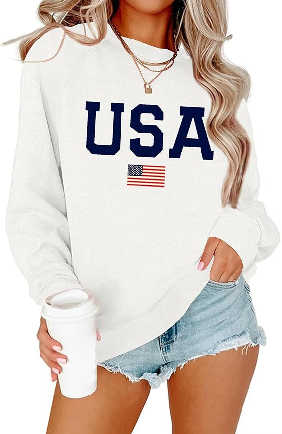 Dressmine Womens USA Shirts Cozy American Flag Shirt Crewneck Long Sleeve Pullover Cute Knit Loos... | Amazon (US)