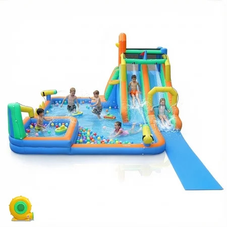 Ktaxon 8-in-1 Inflatable Water Slide Bounce House with Blower, 197" x 179" x 98", Dual Slides Water Park, Wading Pool & Water Dump Bucket for Kids Backyard | Walmart (US)