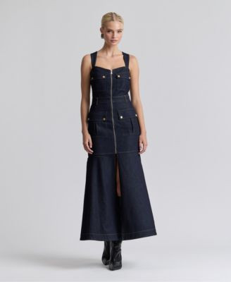 Avec Les Filles Women's Stretch Denim Cargo Zip-Front Midi Dress - Dark Rinse | Macy's